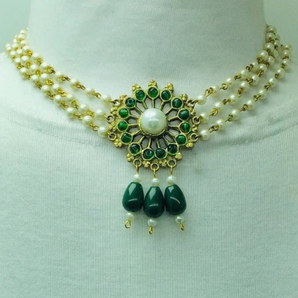 Green Stone and White Pearls Jewelry Set, Tribal Stones and Pearls Jewelry - Picture 1 of 9